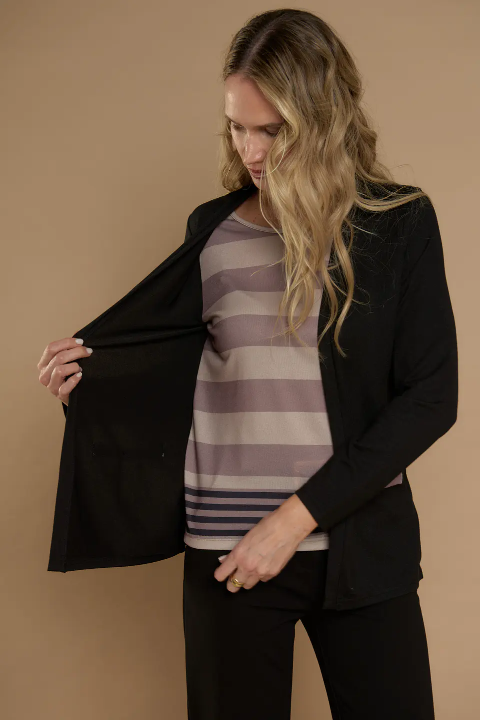 Chaleco (Mu) M/L Melange C/Polera Listada Give Y76400 Negro  4