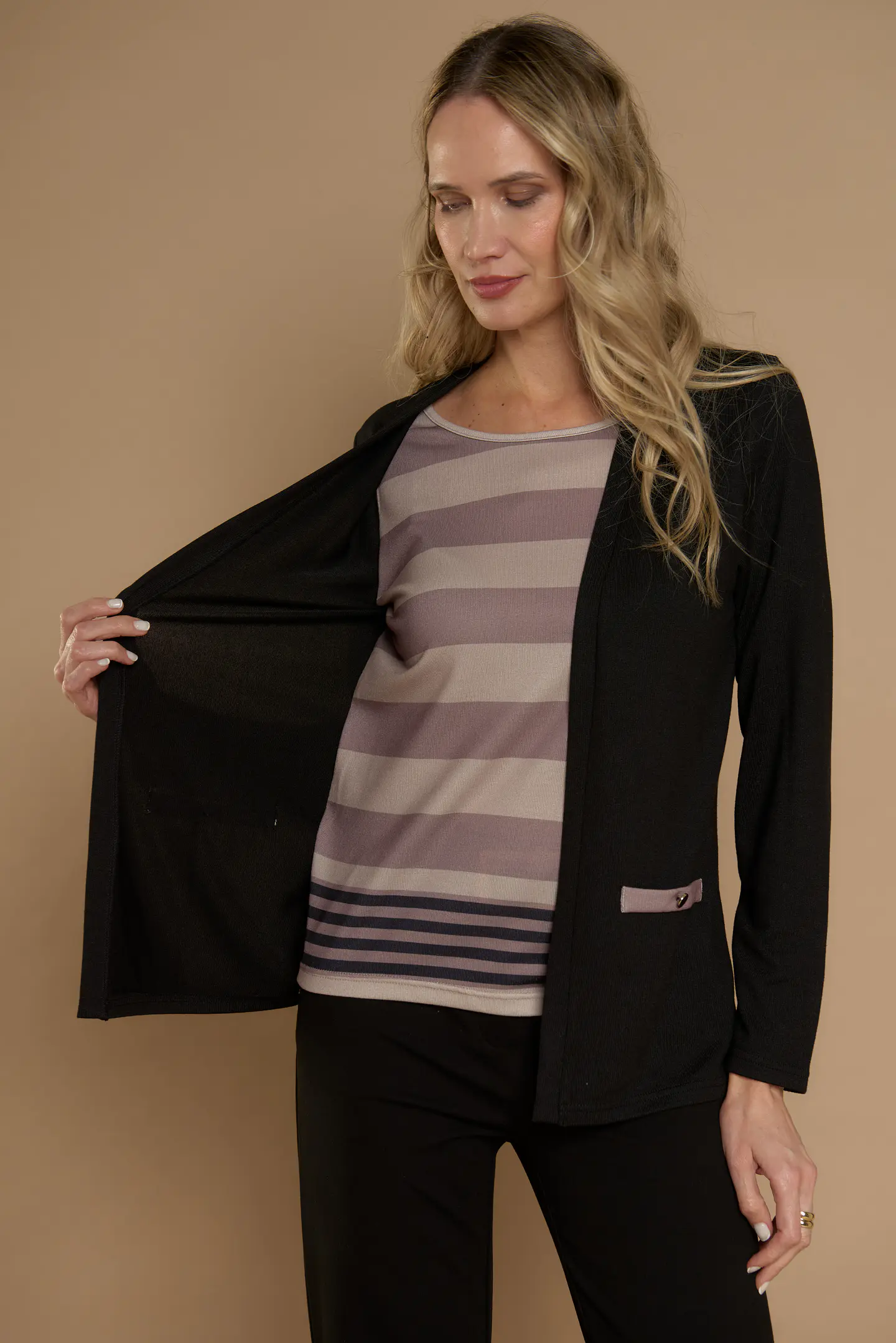 Chaleco (Mu) M/L Melange C/Polera Listada Give Y76400 Negro  5