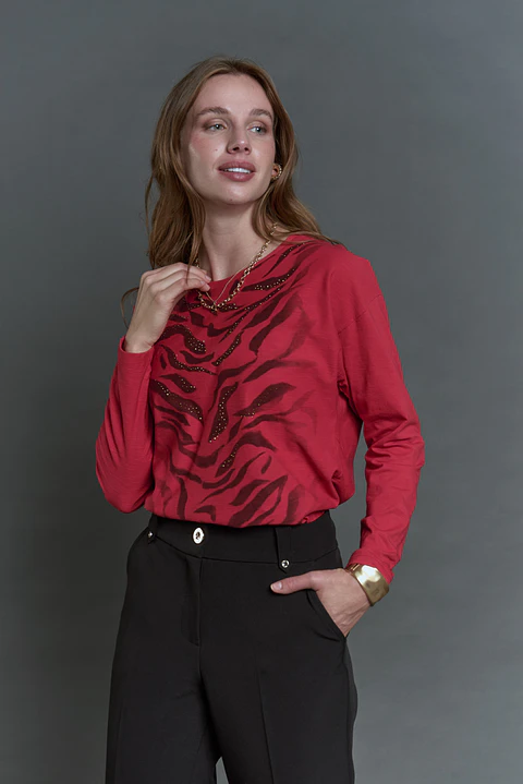 POLERA (MU) C/P M/L MELANGE EST APLIC STRASS GIVE L56433 ROJO