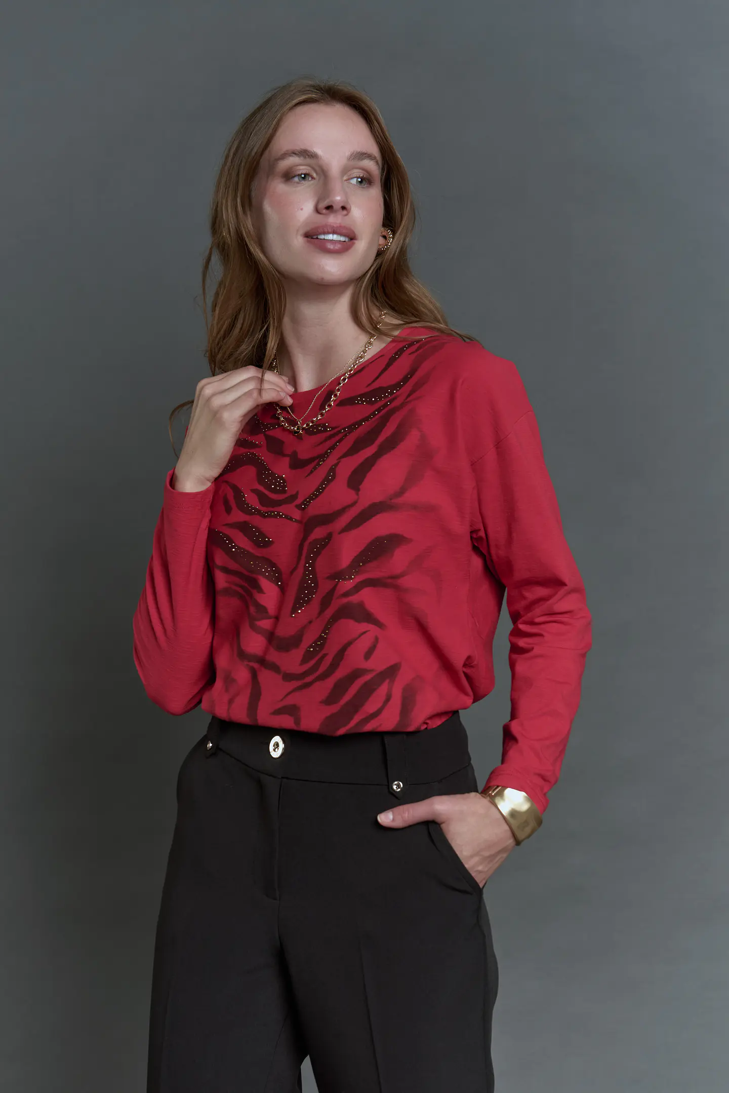 Polera (Mu) C/P M/L Melange Est Aplic Strass Give L56433 Rojo 1