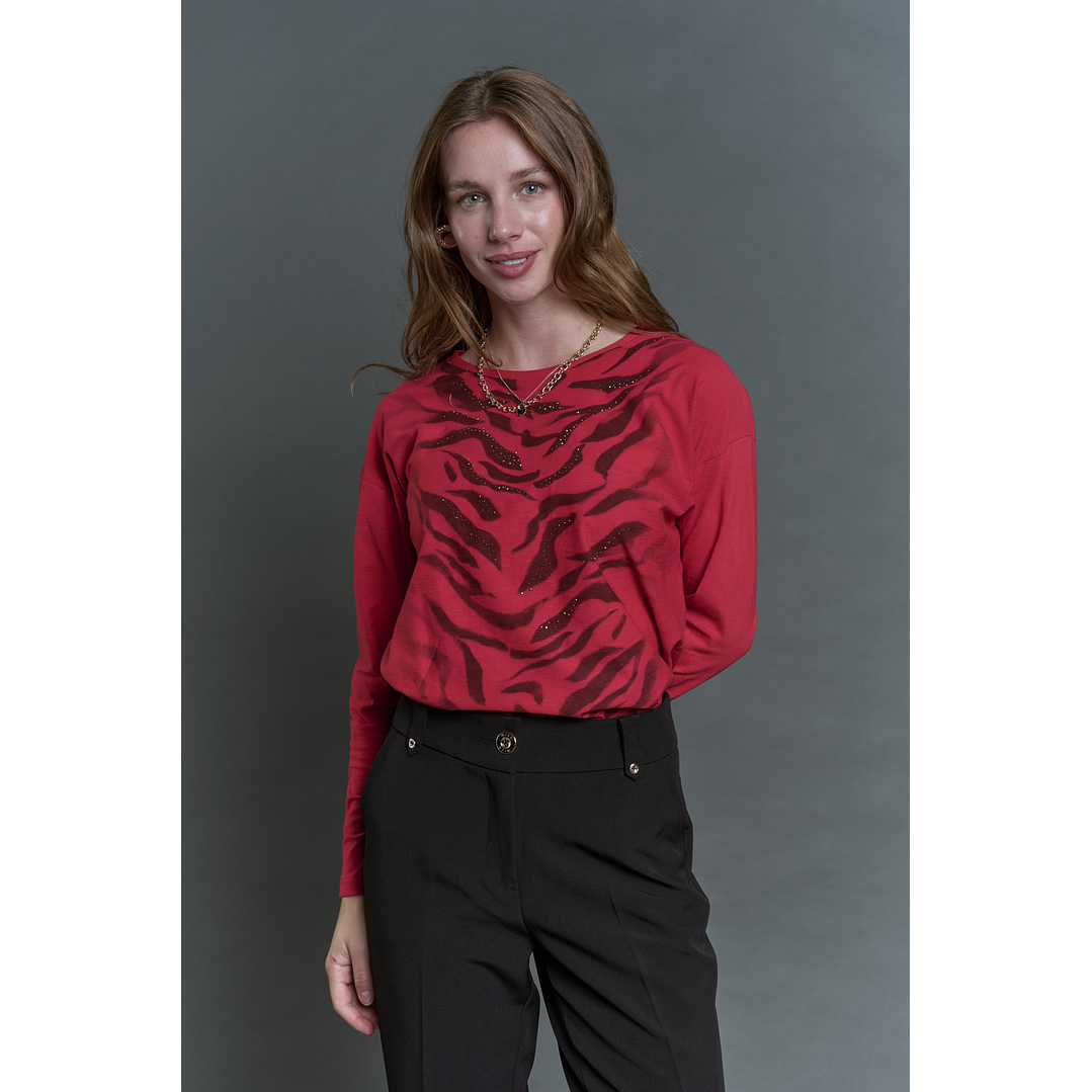 POLERA (MU) C/P M/L MELANGE EST APLIC STRASS GIVE L56433 ROJO 2