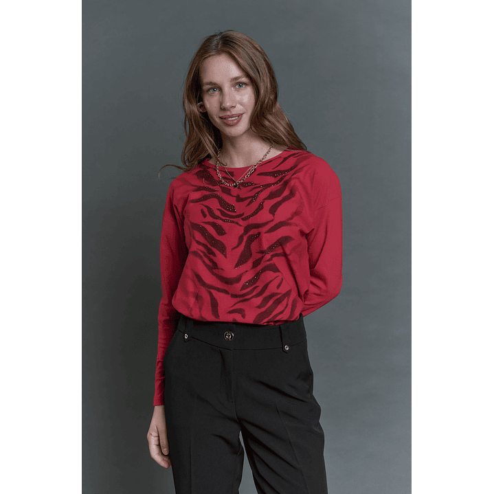 POLERA (MU) C/P M/L MELANGE EST APLIC STRASS GIVE L56433 ROJO 2