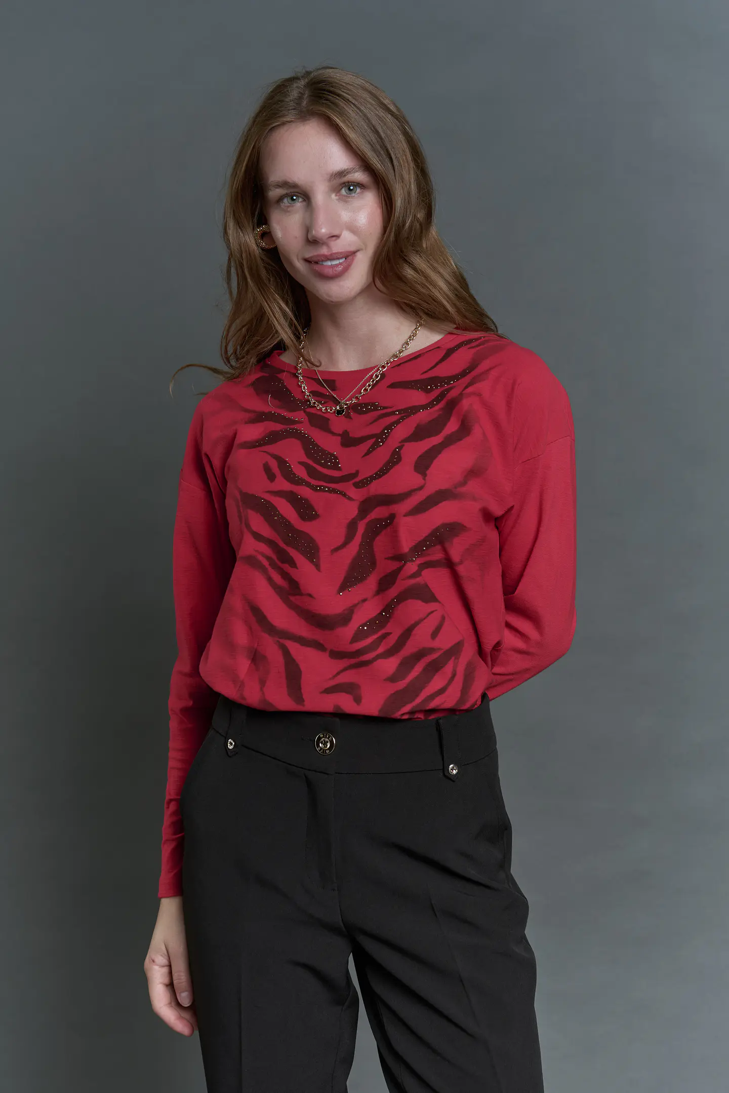 Polera (Mu) C/P M/L Melange Est Aplic Strass Give L56433 Rojo 2