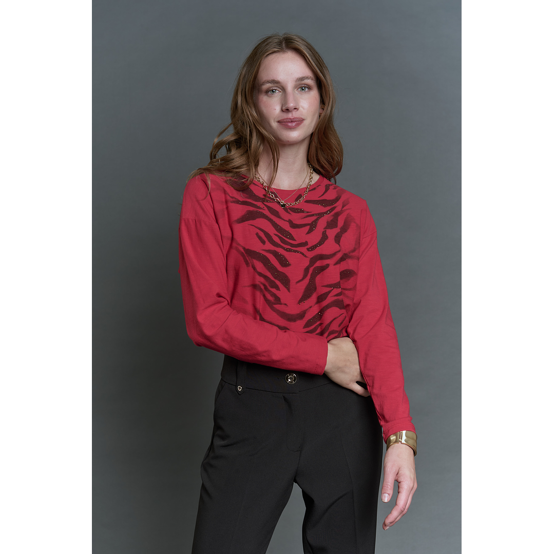 POLERA (MU) C/P M/L MELANGE EST APLIC STRASS GIVE L56433 ROJO 3