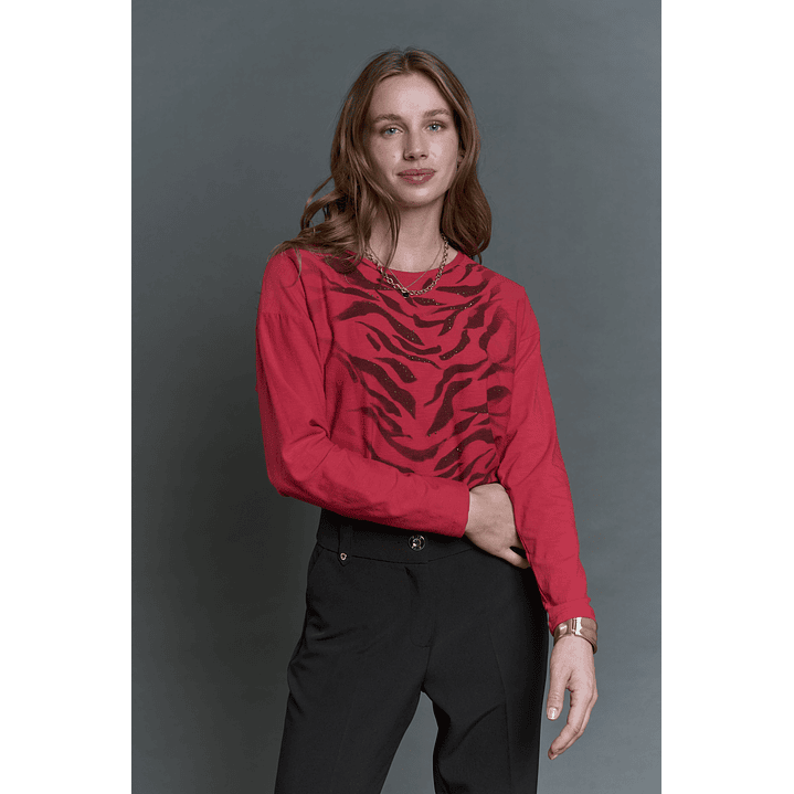 POLERA (MU) C/P M/L MELANGE EST APLIC STRASS GIVE L56433 ROJO 3