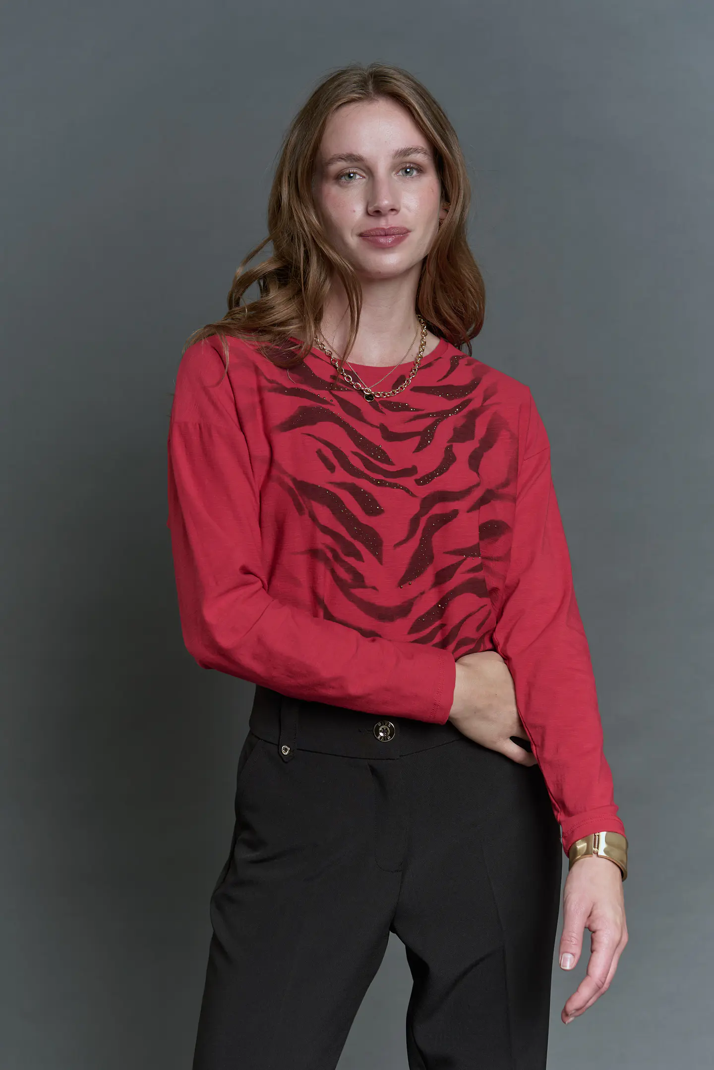 Polera (Mu) C/P M/L Melange Est Aplic Strass Give L56433 Rojo 3