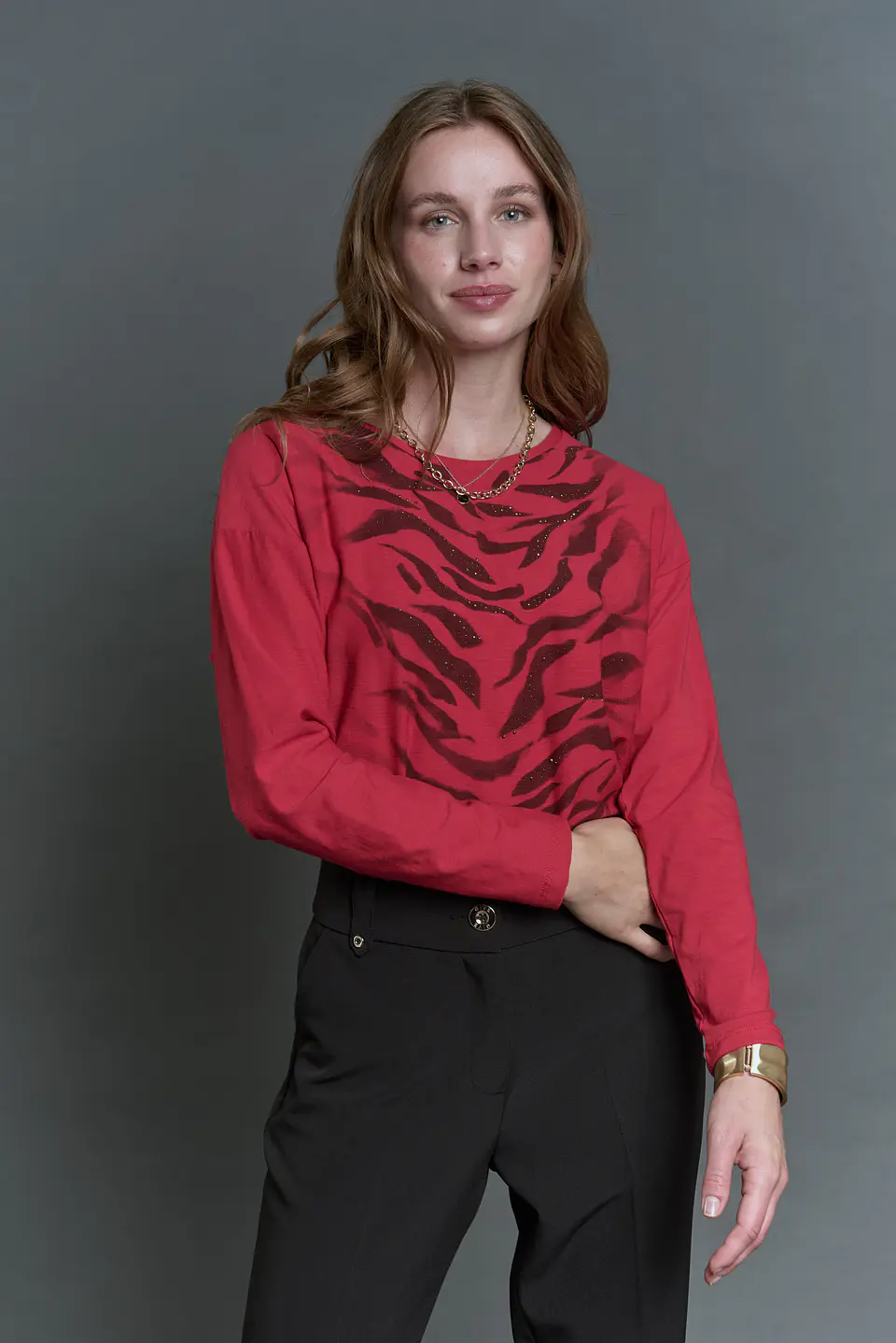 Polera (Mu) C/P M/L Melange Est Aplic Strass Give L56433 Rojo 3