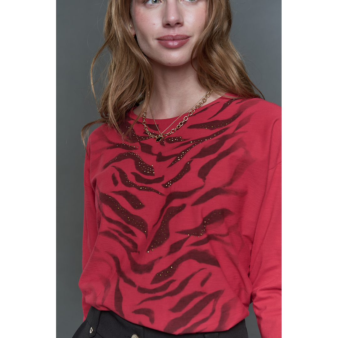 POLERA (MU) C/P M/L MELANGE EST APLIC STRASS GIVE L56433 ROJO 5