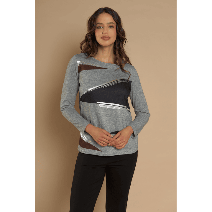 POLERA (MU) C/P M/L APLIC FOLIA CAMANT GIVE A56404 GRIS 1
