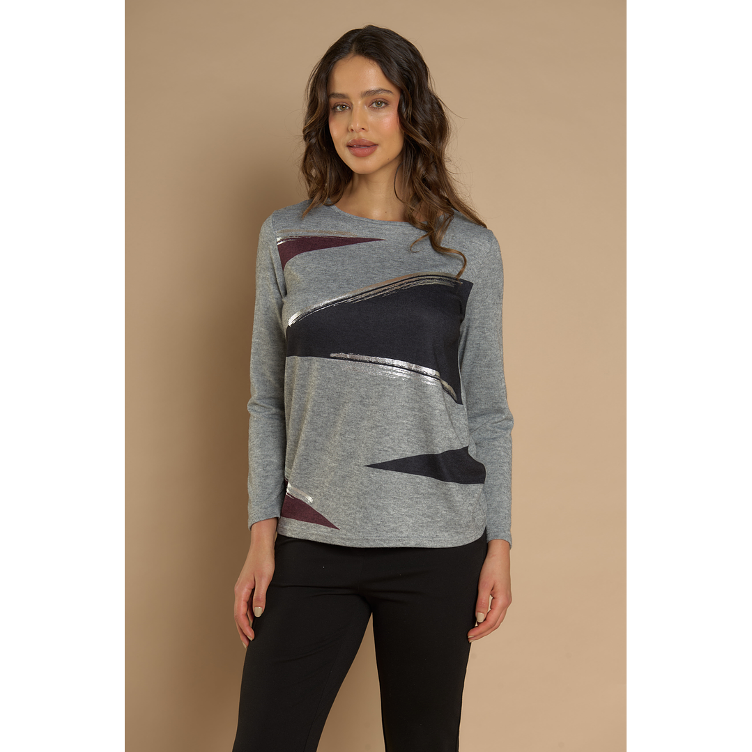 POLERA (MU) C/P M/L APLIC FOLIA CAMANT GIVE A56404 GRIS 3