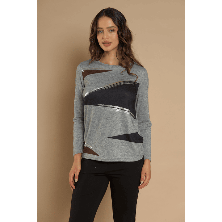 POLERA (MU) C/P M/L APLIC FOLIA CAMANT GIVE A56404 GRIS 3