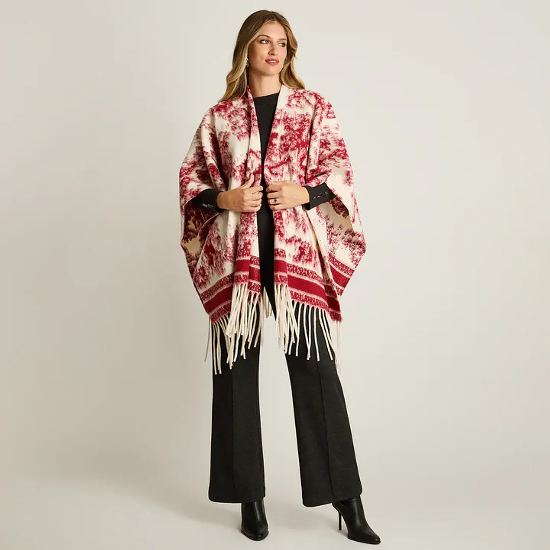 Poncho Rojo con Estampado Abstracto y Flecos en Tejido 1
