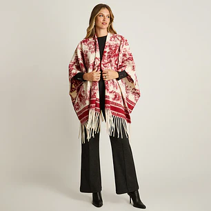 Poncho Rojo con Estampado Abstracto y Flecos en Tejido