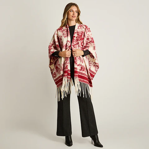 Poncho Rojo con Estampado Abstracto y Flecos en Tejido