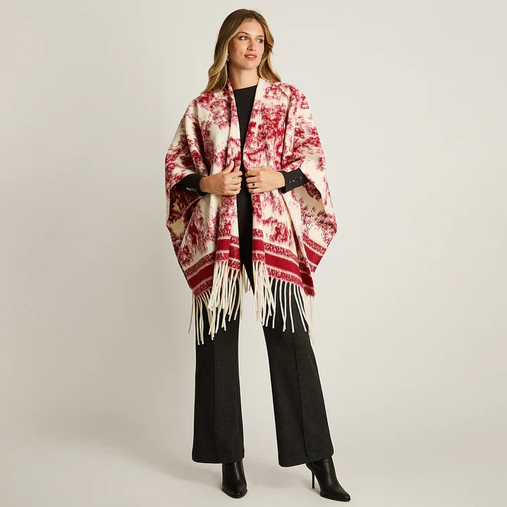 Poncho Rojo con Estampado Abstracto y Flecos en Tejido 1