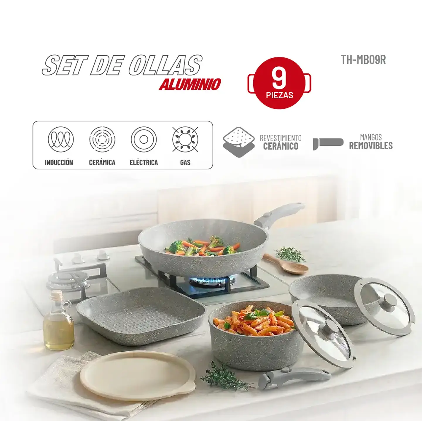 Batería de cocina Aluminio 9pzas TH-MB09R 6