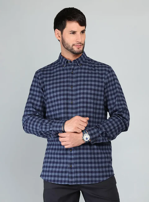Camisa Hombre M/l Cuadros S/b Arrow Cm33018az Azul S
