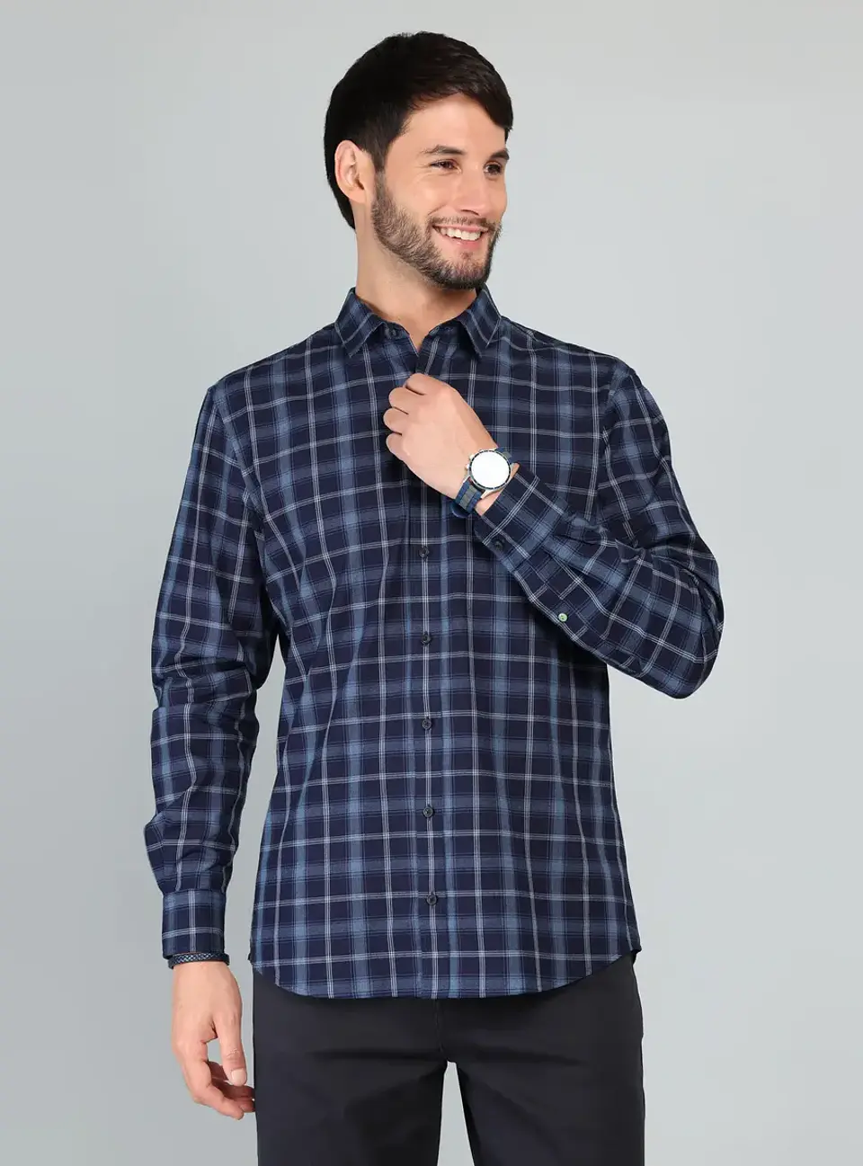 Camisa Hombre M/l Cuadros S/b Arrow Cm33013az Azul S 1