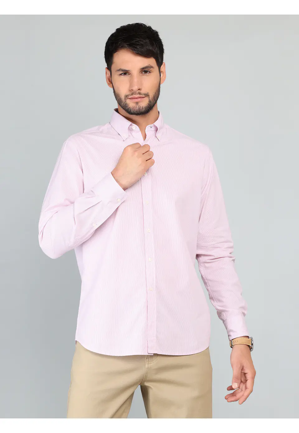 Camisa Hombre M/l Microlistado S/b Spandex Arrow Cm33008rd Rosado S 1