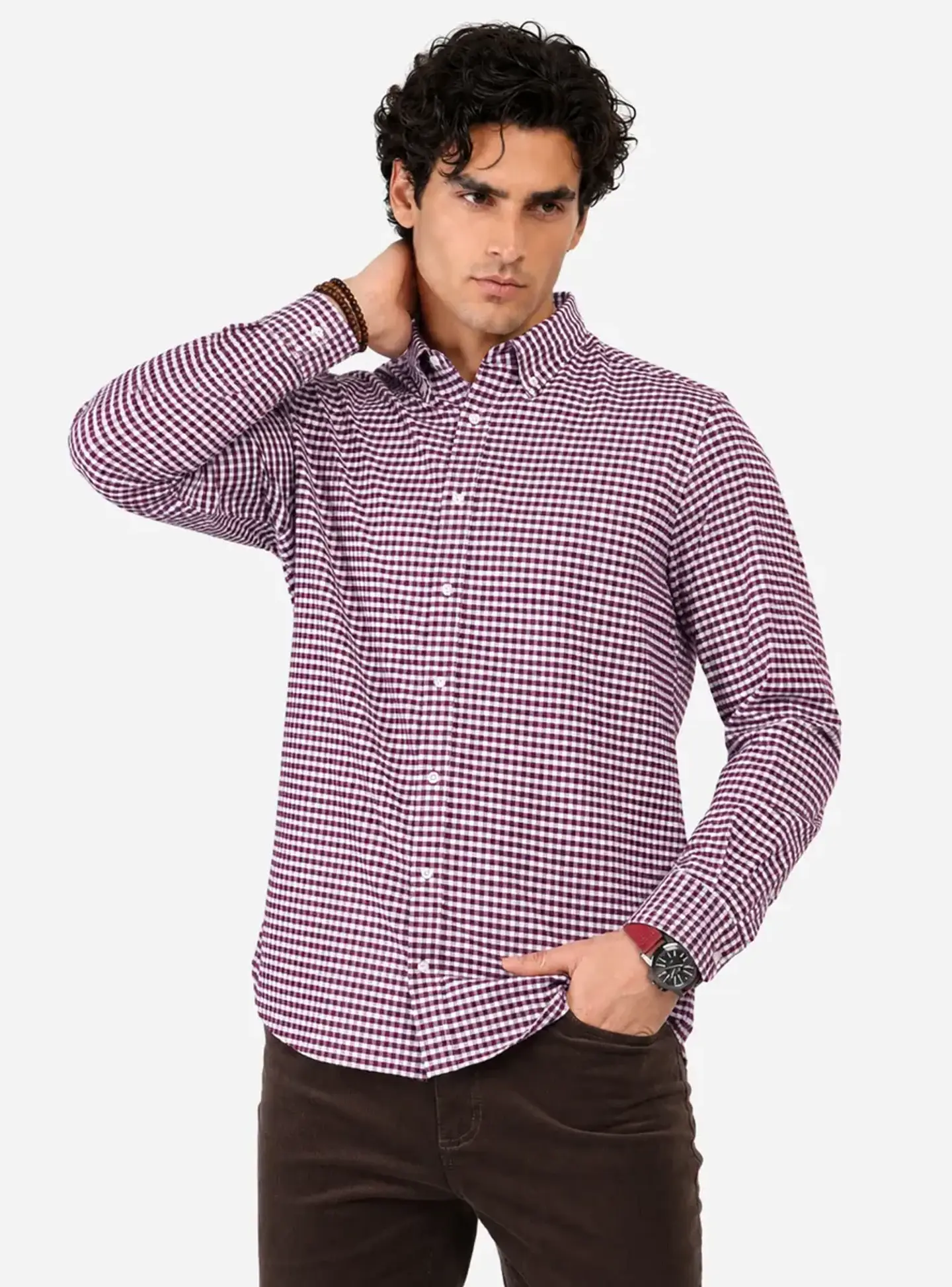 Camisa Hombre M/l Cuadrille S/b Arrow Cm33015bu Burdeo S 1