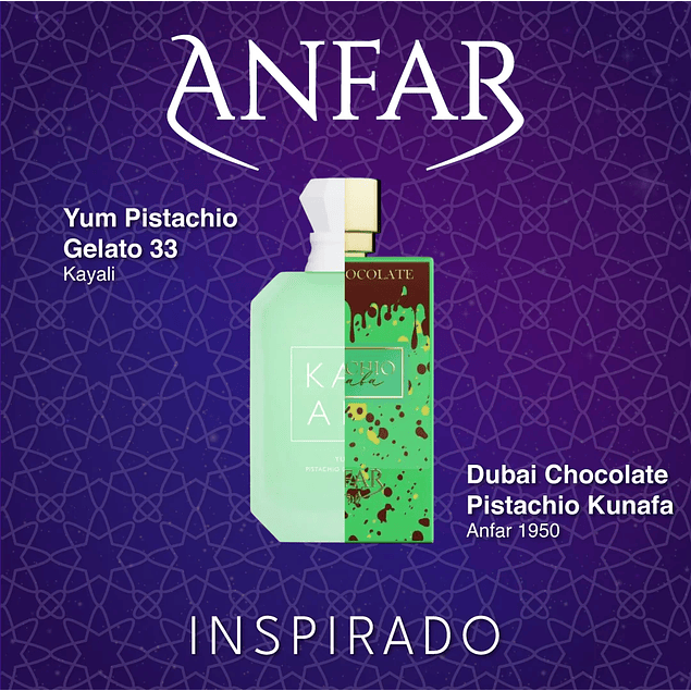 DUBAI CHOCOLATE PISTACHIO KUNAFA 80ML EXTRAIR DE PARFUM UNISEX - ANFAR (INSPIRADO EN YUM PISTACHIO GELATO 33 KAYALI)