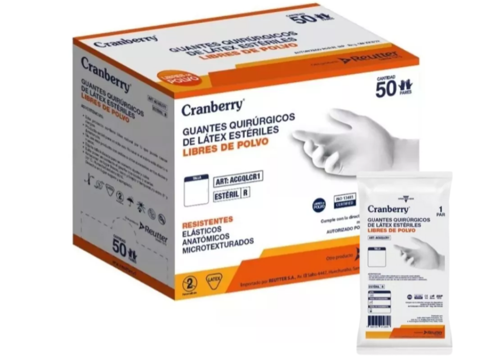 Guantes Quirúrgicos de Látex Libre de Polvo Estéril Cranberry | Alta Sensibilidad y Protección – Caja x 50 Pares 1