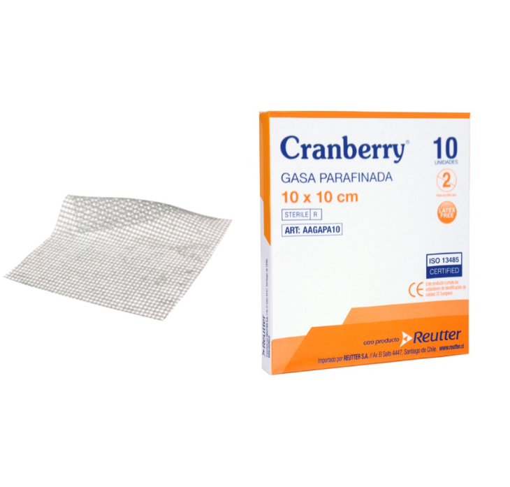 Gasa Parafinada Estéril 10 x 10 cm CRANBERRY | Apósito con Parafina No Adherente – Curaciones y Quemaduras – Caja x 10 Unidades 1