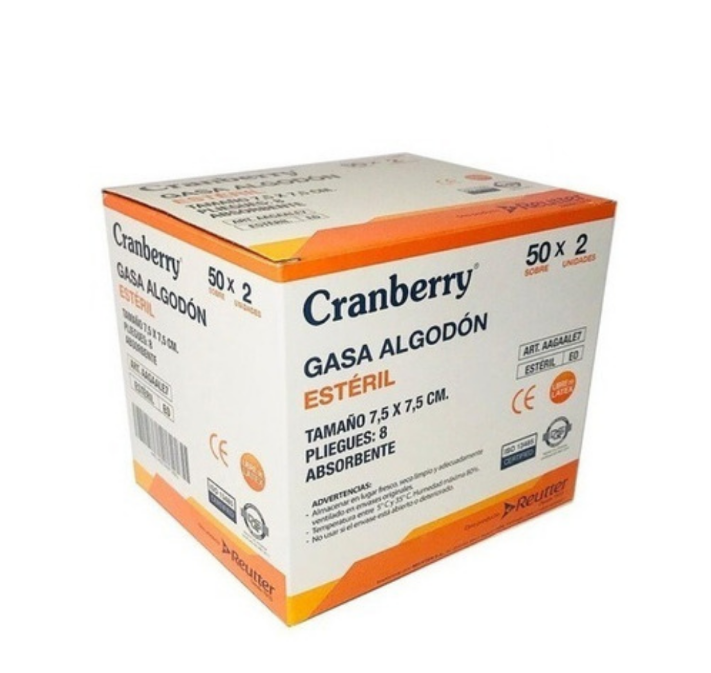 🩹 Gasa de Algodón Estéril Tejida 7,5 x 7,5 cm – CRANBERRY | 50 Sobres x 2 Unidades | Compresas Médicas Desechables 1