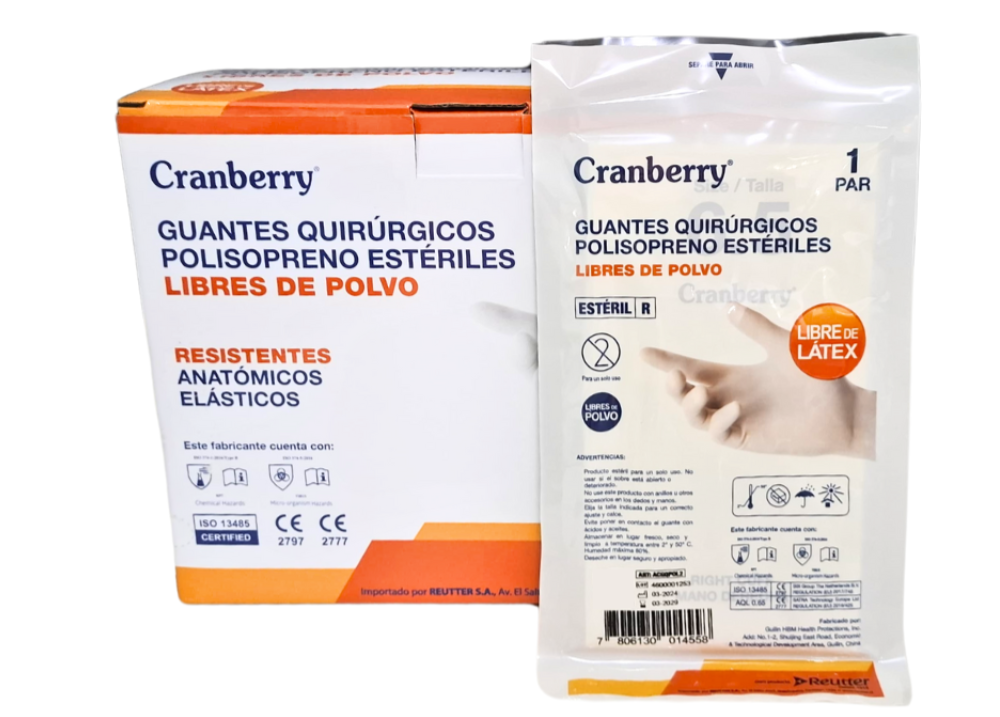 GUANTE QUIRÚRGICO LIBRE DE LÁTEX ESTÉRIL SIN POLVO CRANBERRY | GUANTES QUIRÚRGICOS CAJA X 50 UN 1