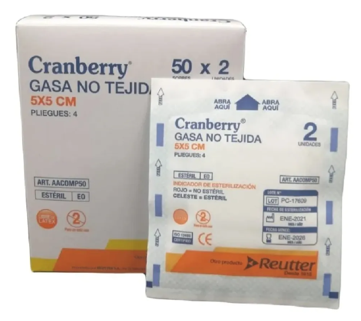 GASA NO TEJIDA 5 X 5 CM CRANBERRY | GASAS MÉDICAS ESTÉRILES CAJA X 50 SOBRES 1