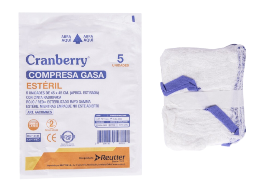 COMPRESA DE GASA ESTÉRIL 45X45 CM CRANBERRY | COMPRESAS MÉDICAS ESTÉRILES PAQUETE X 5 1