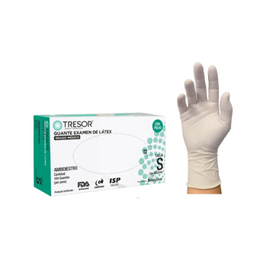 Guantes de Látex con Polvo TRESOR | Guantes de Examinación Desechables – Alta Sensibilidad y Resistencia – Caja x 100 Unidades 1