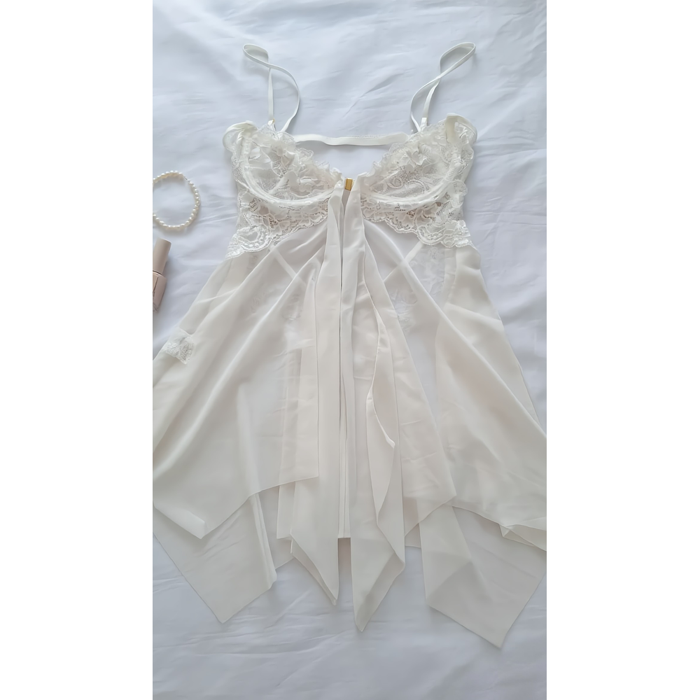 BABY DOLL WHITE - Lencería Encaje y Tul Transparente con Abertura Frontal + Tanga | Sensual, Suave y Liviano