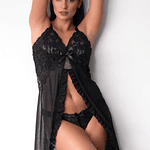 BABY DOLL BLACK - Lencería de Encaje y Tul Transparente con Volado + Colaless – Conjunto Sensual Femenino