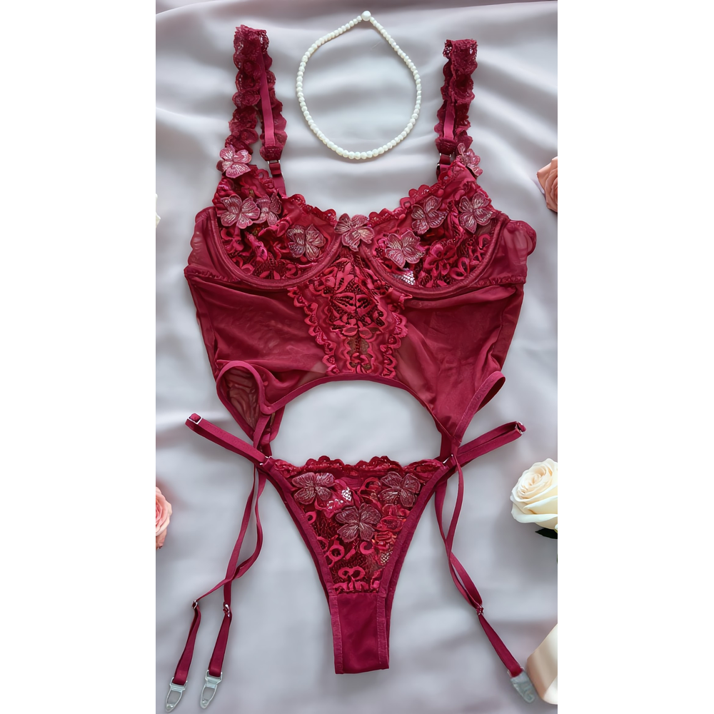 BODY VELVET SEDUCTION - Lencería Bordado Floral con Portaligas – Encaje Transparente Sensual
