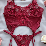 BODY VELVET SEDUCTION - Lencería Bordado Floral con Portaligas – Encaje Transparente Sensual