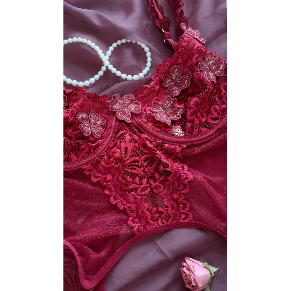 BODY VELVET SEDUCTION - Lencería Bordado Floral con Portaligas – Encaje Transparente Sensual
