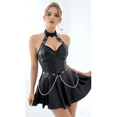 VESTIDO GÓTICO - Wet Look con Arnés, Collar y Tanga – Lencería Sexy con Cadenas y Falda Acampanada