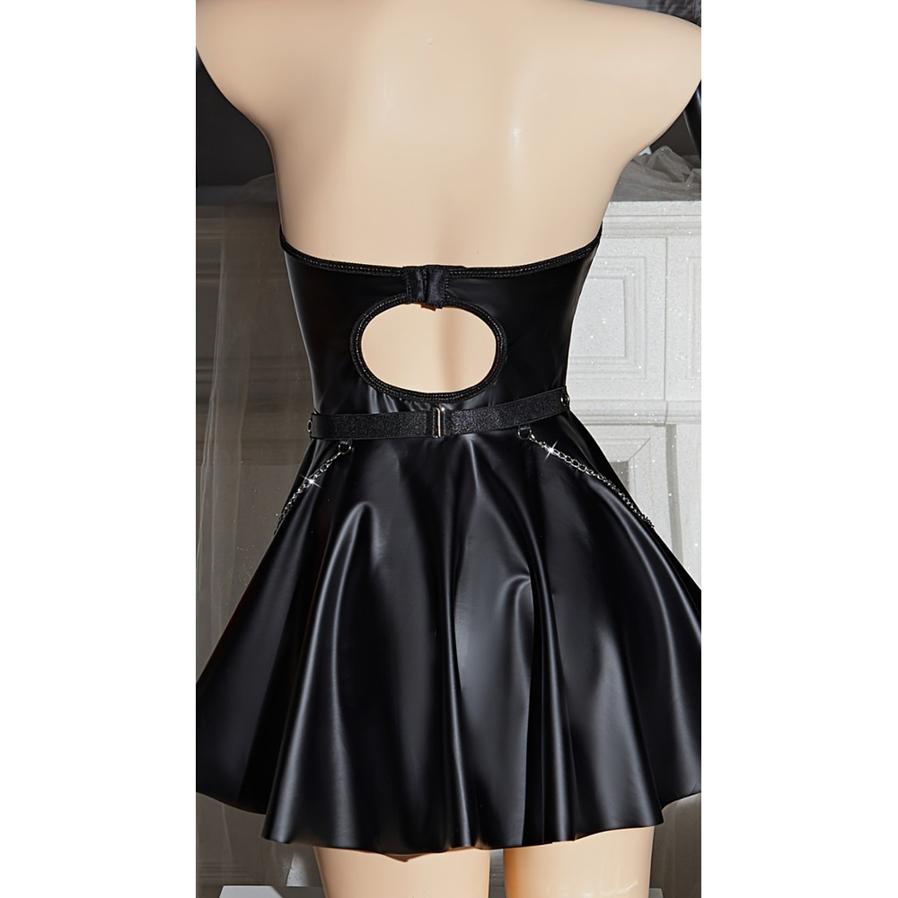 VESTIDO GÓTICO - Wet Look con Arnés, Collar y Tanga – Lencería Sexy con Cadenas y Falda Acampanada