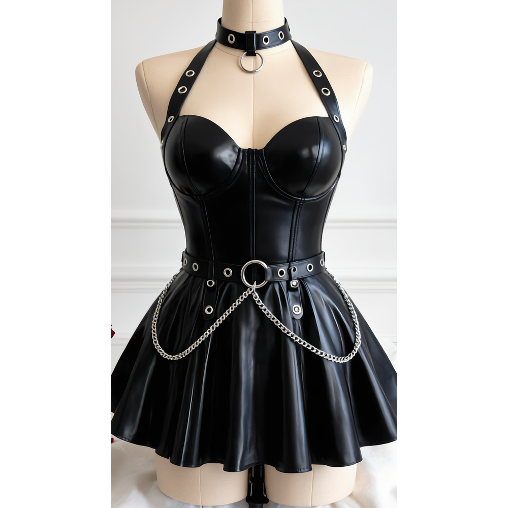 VESTIDO GÓTICO - Wet Look con Arnés, Collar y Tanga – Lencería Sexy con Cadenas y Falda Acampanada