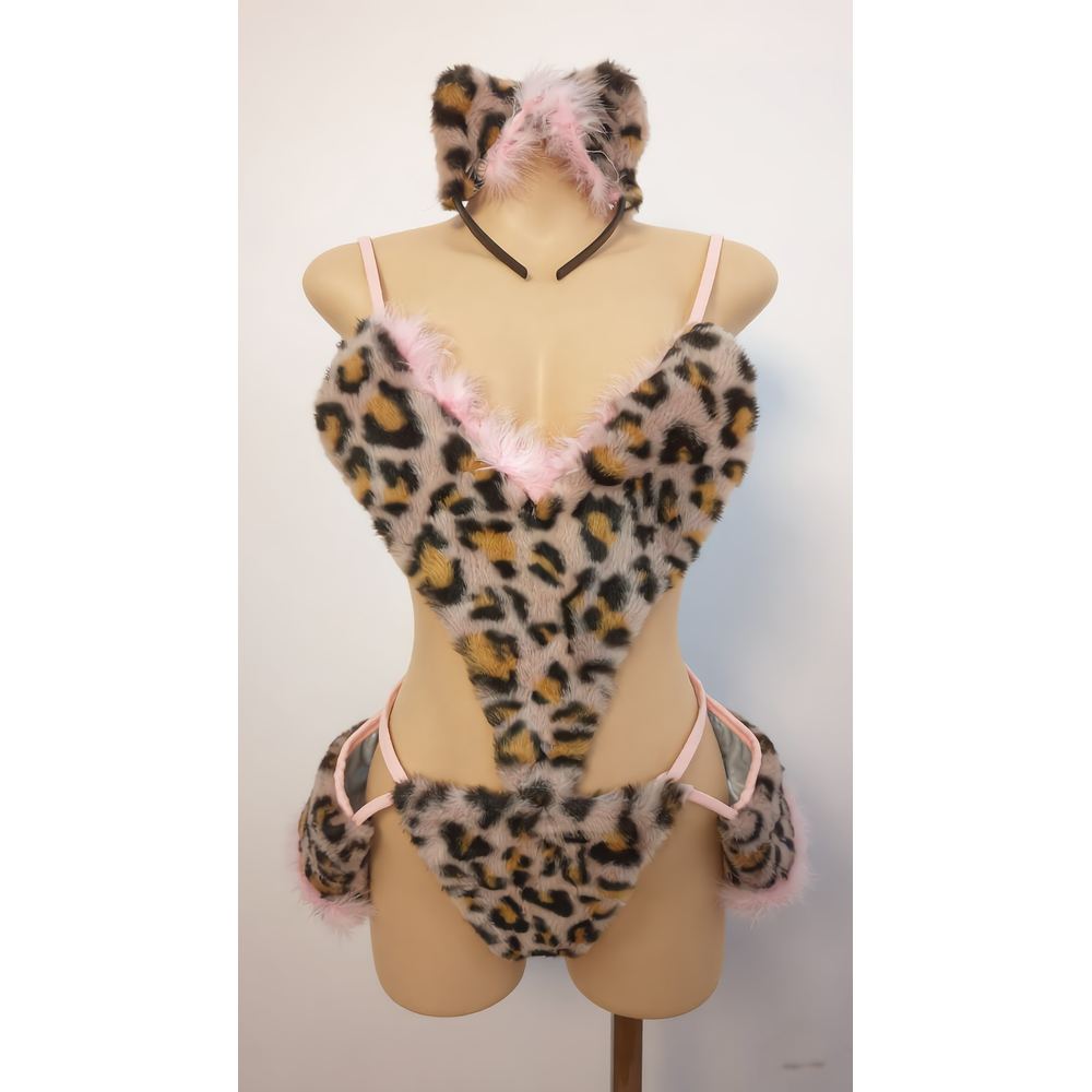 SET LION - Leopardo con Peluche + Orejas y Muñequeras | Disfraz Gatita Sexy de Peluche | Lencería Roleplay Ajustable