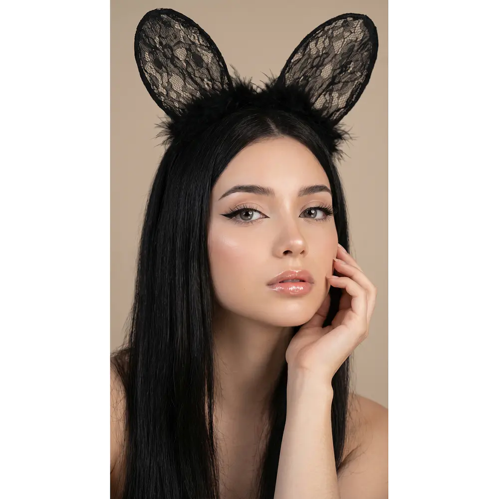 Vincha de Osita Negra con Encaje y Plumas