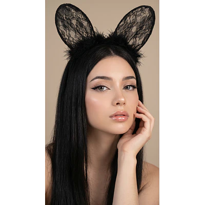 Vincha de Osita Negra con Encaje y Plumas