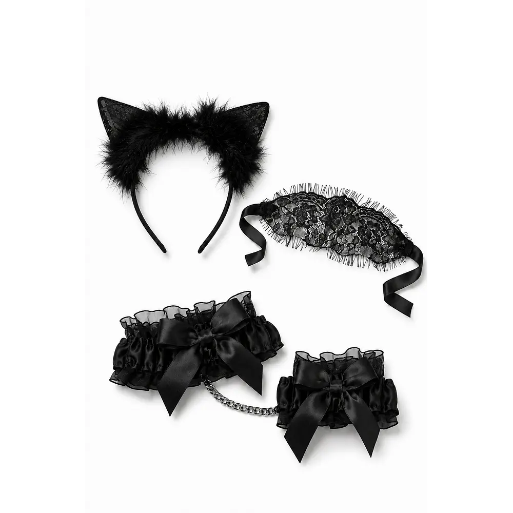 Set de Accesorios Negro con Orejas de Gatita, Antifaz de Encaje y Esposas Decorativas