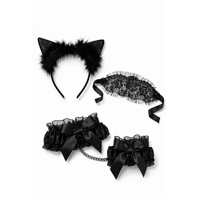 Set de Accesorios Negro con Orejas de Gatita, Antifaz de Encaje y Esposas Decorativas