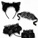 Set de Accesorios Negro con Orejas de Gatita, Antifaz de Encaje y Esposas Decorativas
