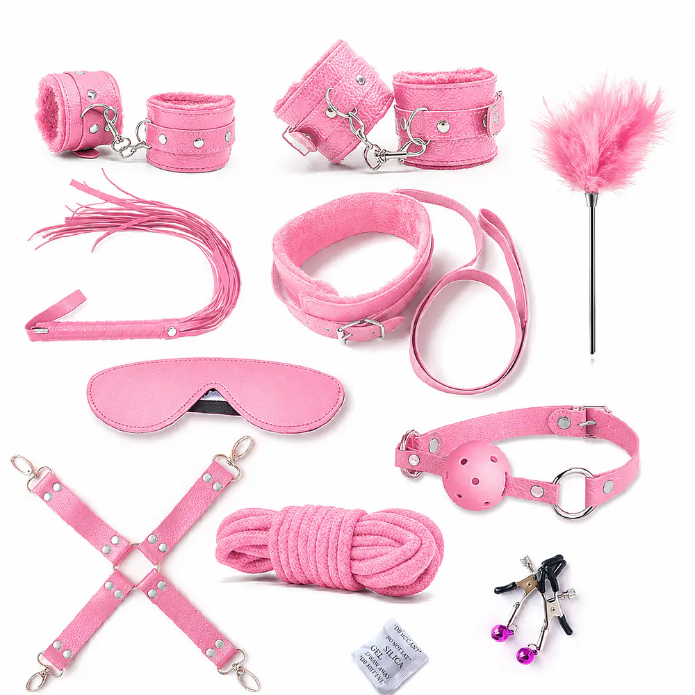 Set Íntimo de 10 Piezas en Cuero Sintético con Antifaz, Esposas y Accesorios BDSM