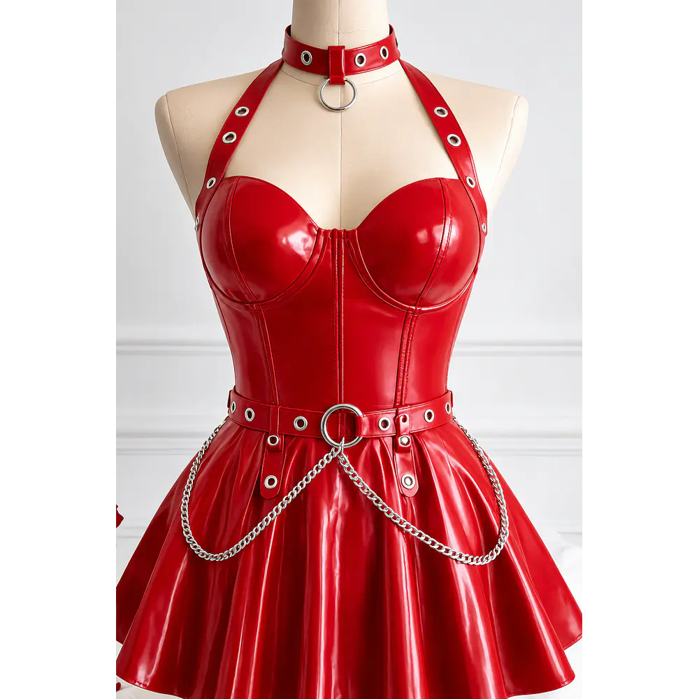 VESTIDO GÓTICO - Wet Look con Arnés, Collar y Tanga – Lencería Sexy con Cadenas y Falda Acampanada