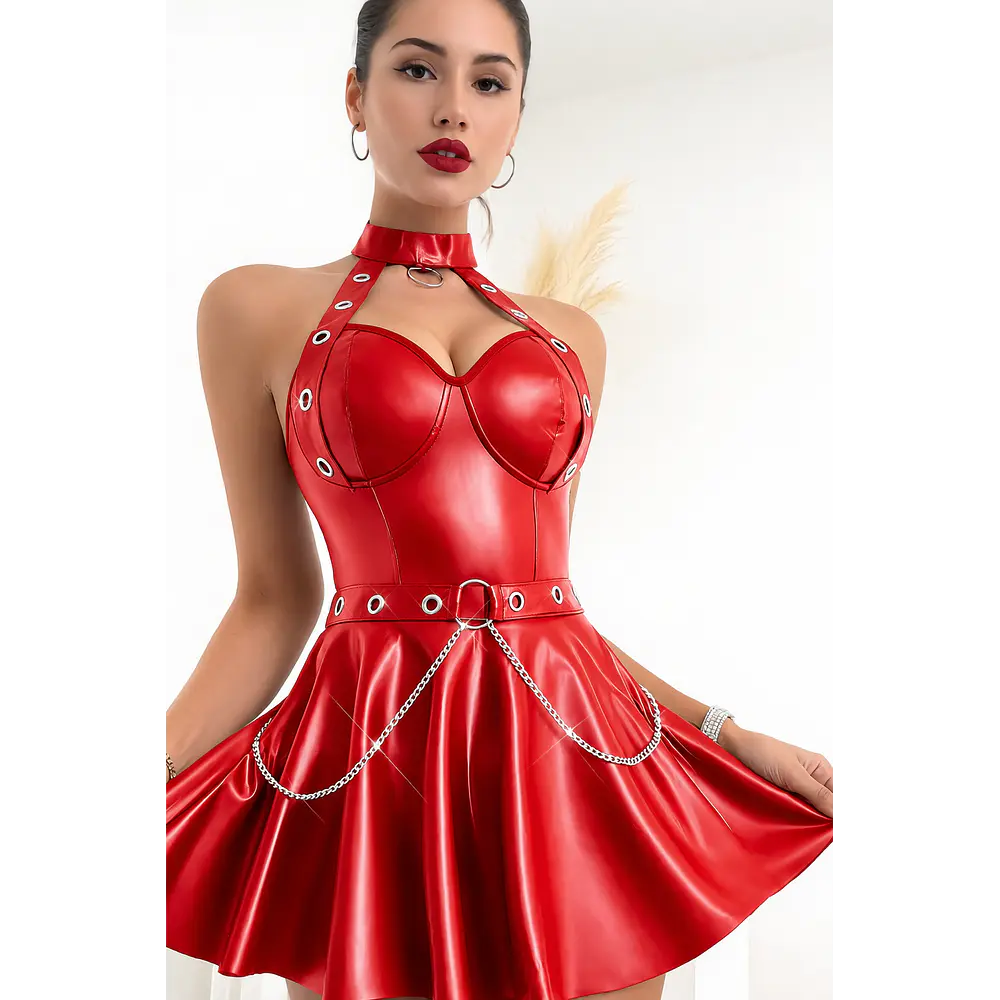 VESTIDO GÓTICO - Wet Look con Arnés, Collar y Tanga – Lencería Sexy con Cadenas y Falda Acampanada