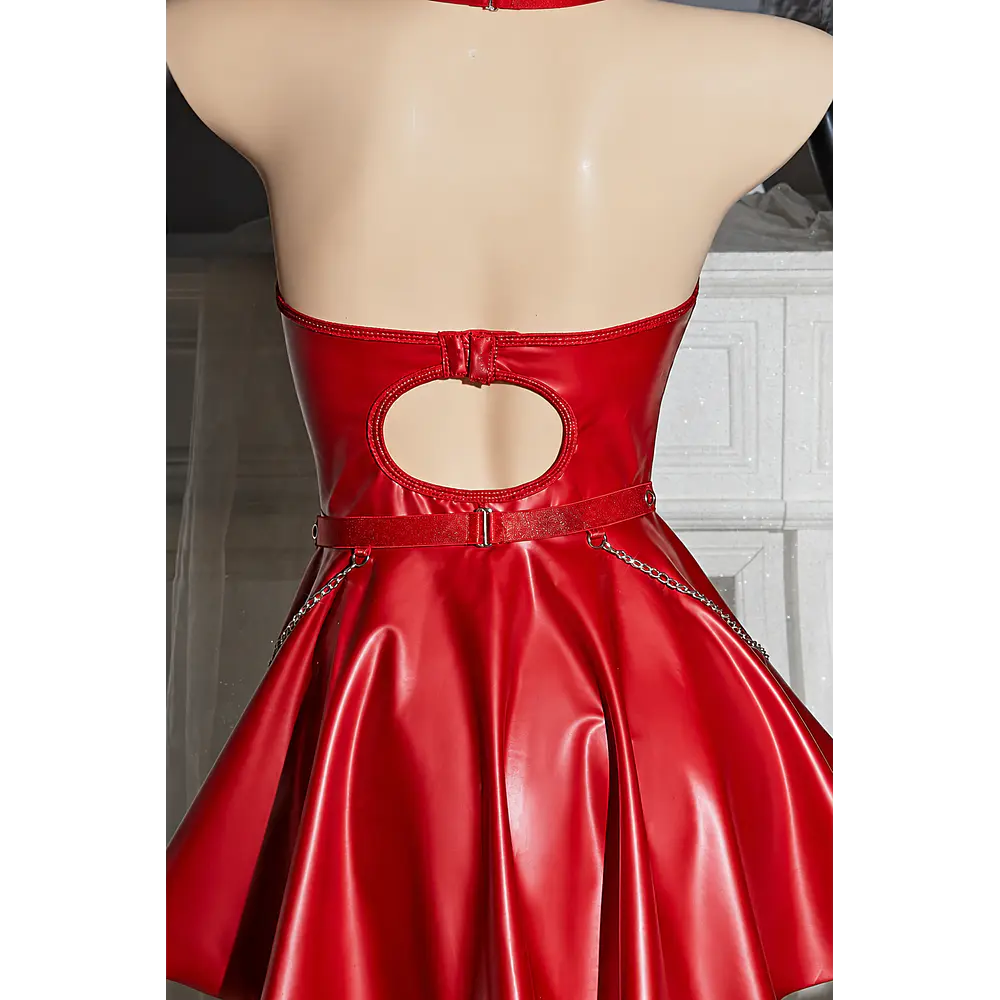 VESTIDO GÓTICO - Wet Look con Arnés, Collar y Tanga – Lencería Sexy con Cadenas y Falda Acampanada